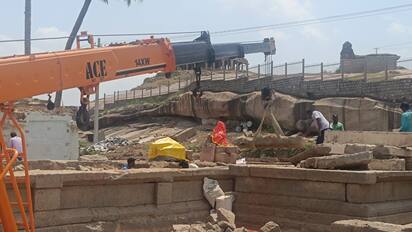 ಹಂಪಿಯ ವಿರೂಪಾಕ್ಷೇಶ್ವರ ರಥಬೀದಿಯಲ್ಲಿ ಐತಿಹಾಸಿಕ ಸ್ಮಾರಕಗಳು ಇದ್ದರೂ ಕ್ರೇನ್‌ ಬಳಸಿ ಕಾಮಗಾರಿ ನಡೆಯತ್ತಿದೆ. | Kannada Prabha