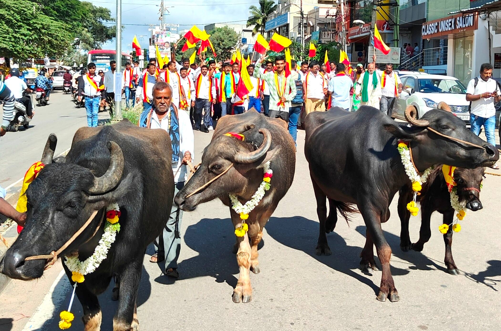 ಪೊಟೊ-29 ಕೆ ಎನ್ ಎಲ್ ಎಮ್ 1- ನೆಲಮಂಗಲ ನಗರದ ರಾ ಷ್ಟ್ರೀಯ  ಹೆದ್ದಾರಿ ತಡೆದು ಖಾಲಿ ಬಿಂದಿಗೆ ಪ್ರದರ್ಶಿಸಿ ತಮಿಳುನಾಡಿಗೆ ಕಾವೇರಿ ನೀರು ಬಿಡದಂತೆ ಒತ್ತಾಯಿಸಿ ಕನ್ನಡಪರ ಸಂಘಟನೆಗಳ ಒಕ್ಕೂಟ ವಿಶೇಷವಾಗಿ ಪ್ರತಿಭಟಿಸುತ್ತಿರುವುದು. | Kannada Prabha